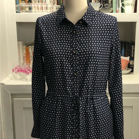 MAISON Jules Long Sleeve Shirt Dress, Navy/White Polka Dot Size Small D283.1 - Picture 8 of 12